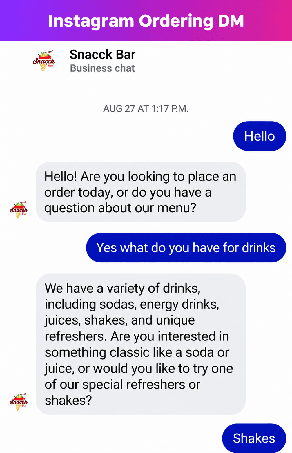 Instagram DM conversation showing an order confirmation
