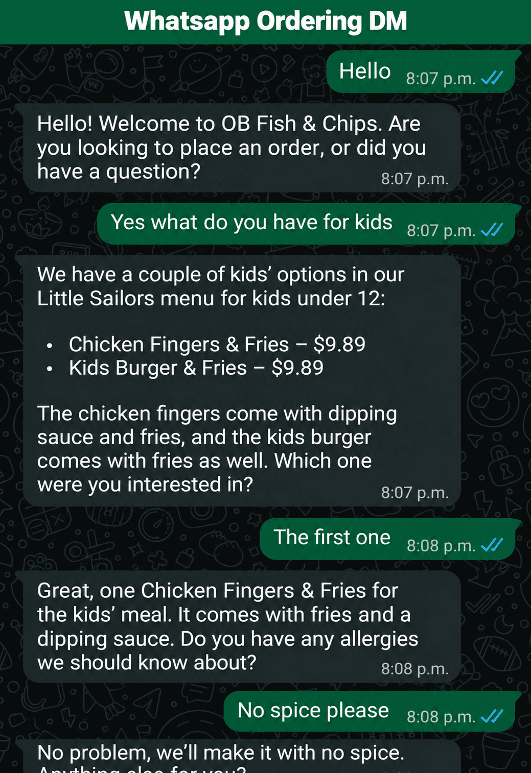 WhatsApp conversation showing an order confirmation